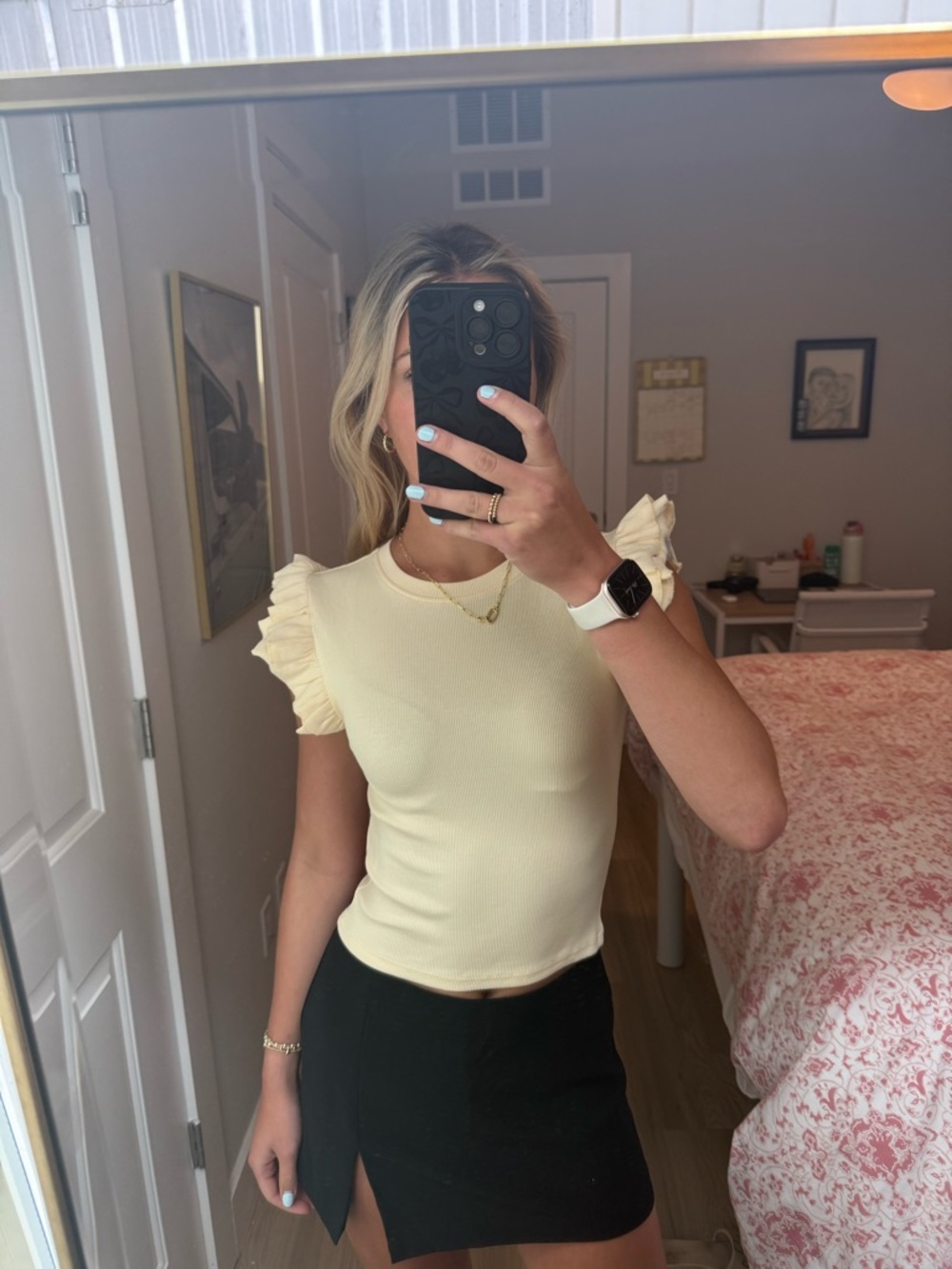 Ruffled Sleeve Ribbed Knit Top - Cream